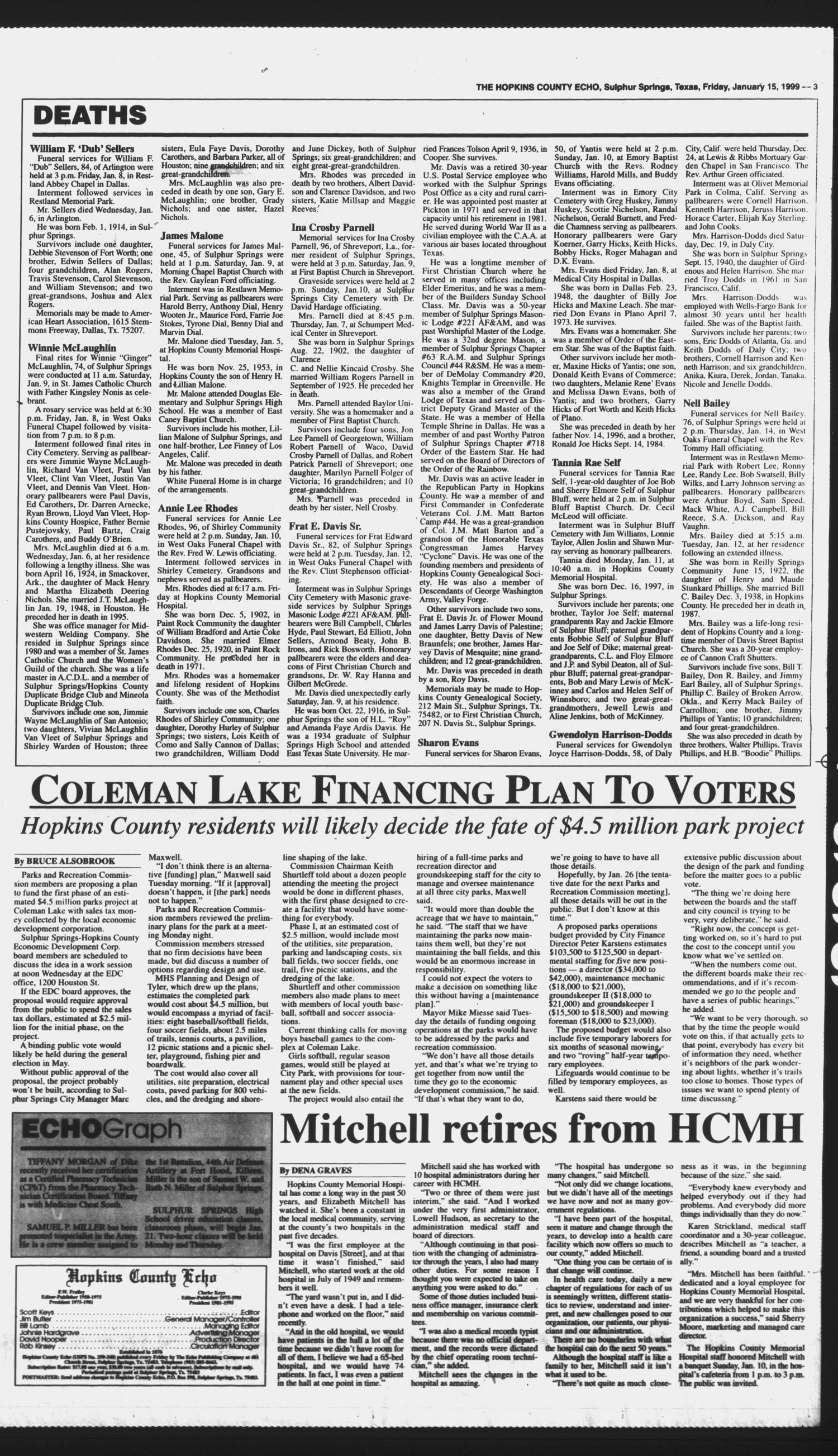 The Hopkins County Echo (Sulphur Springs, Tex.), Vol. 204, No. 3, Ed. 1 Friday, January 15, 1999
                                                
                                                    [Sequence #]: 3 of 4
                                                