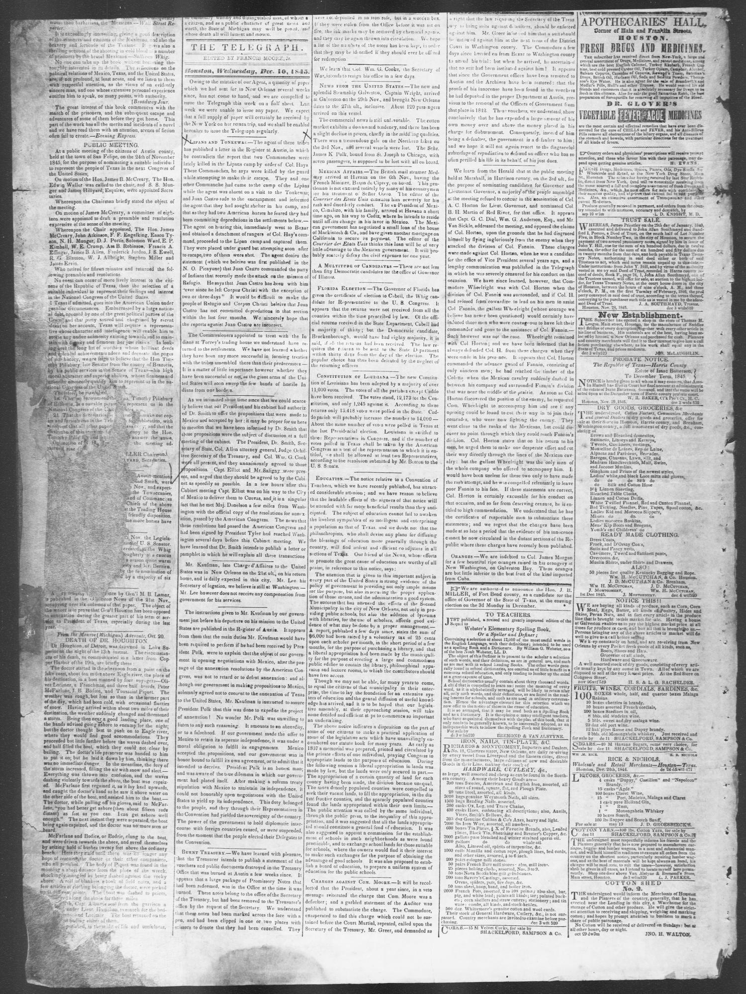 Telegraph and Texas Register (Houston, Tex.), Vol. 10, No. 49, Ed. 1, Wednesday, December 10, 1845
                                                
                                                    [Sequence #]: 2 of 2
                                                