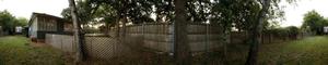 Primary view of object titled 'Panoramic image of the backyard of an O'Neil Ford home in Denton, Texas.'.