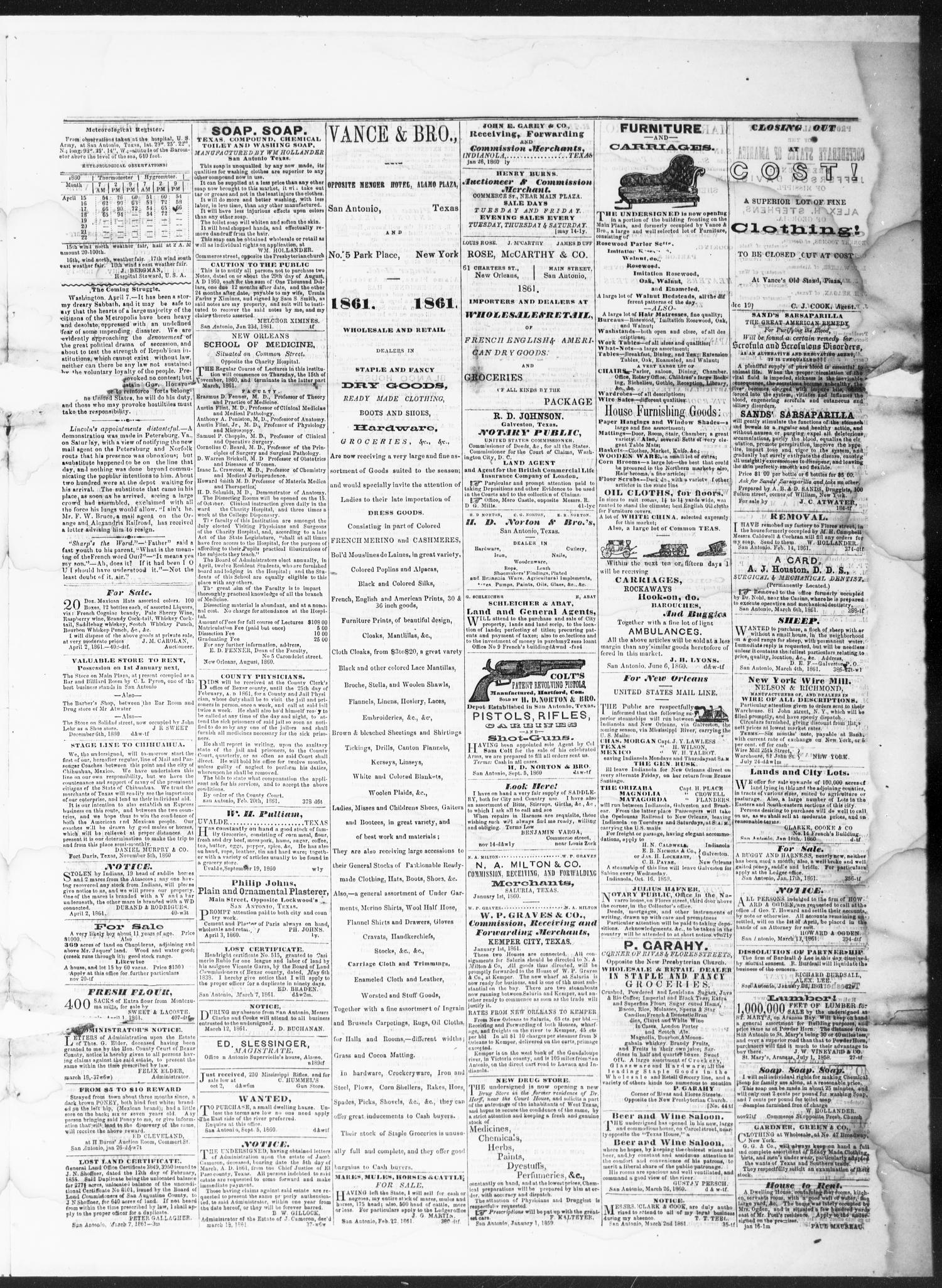 The Daily Ledger and Texan (San Antonio, Tex.), Vol. 2, No. 421, Ed. 1, Friday, April 19, 1861
                                                
                                                    [Sequence #]: 3 of 4
                                                