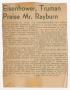 Clipping: [Newspaper Clipping: Eisenhower, Truman Praise Mr. Rayburn]