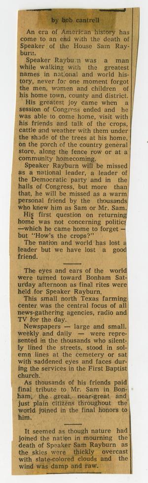 Primary view of object titled '[Newspaper Clipping discussing Sam Rayburn's Death Ending American History Era]'.