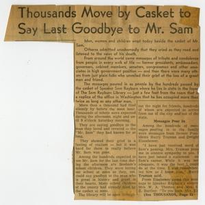 Primary view of object titled '[Newspaper Clipping: Thousands Move by Casket to Say Last Goodbye to Mr. Sam]'.