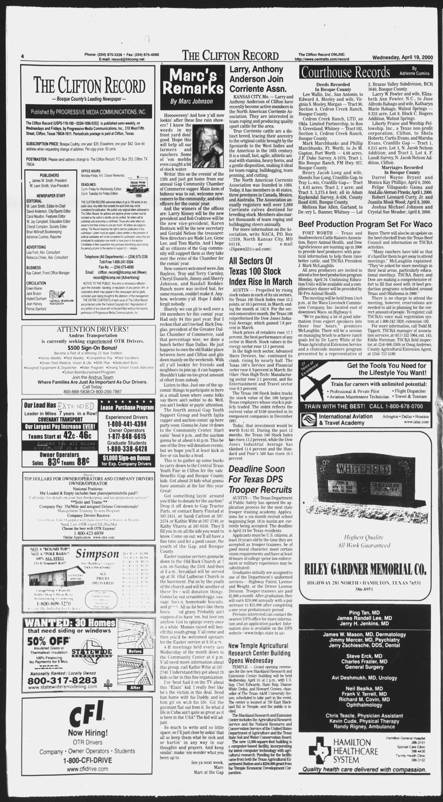 The Clifton Record (Clifton, Tex.), Vol. 105, No. 31, Ed. 1 Wednesday, April 19, 2000
                                                
                                                    [Sequence #]: 4 of 12
                                                