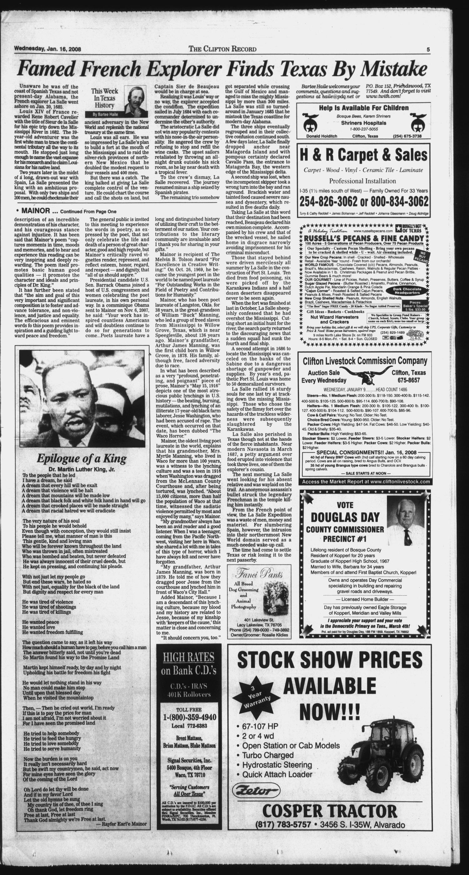 The Clifton Record (Clifton, Tex.), Vol. 113, No. 3, Ed. 1 Wednesday, January 16, 2008
                                                
                                                    [Sequence #]: 5 of 16
                                                