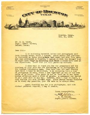 Primary view of [Letter from Supervisor H. E. Keller to Dallas, Texas Bureau of Identification Superintendent D. E. Walsh - 10/31/1933]