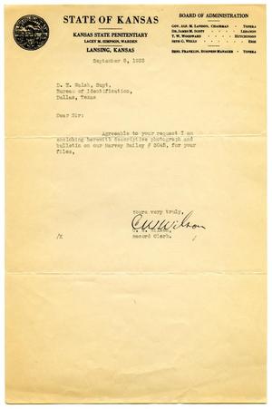 Primary view of [Letter from Record Clerk C. W. Wilson to Dallas, Texas Bureau of Identification Superintendent D. E. Walsh - 12/08/1933]
