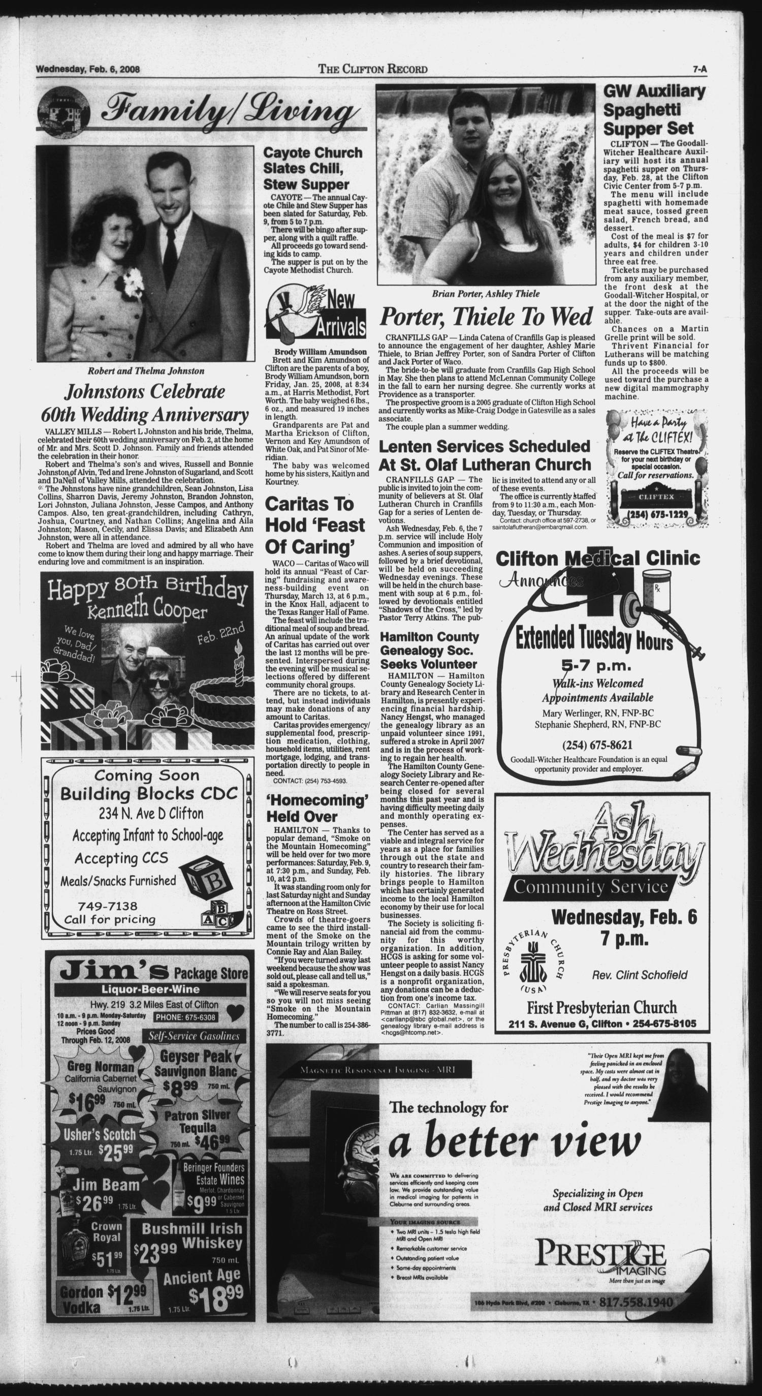 The Clifton Record (Clifton, Tex.), Vol. 113, No. 6, Ed. 1 Wednesday, February 6, 2008
                                                
                                                    [Sequence #]: 7 of 22
                                                