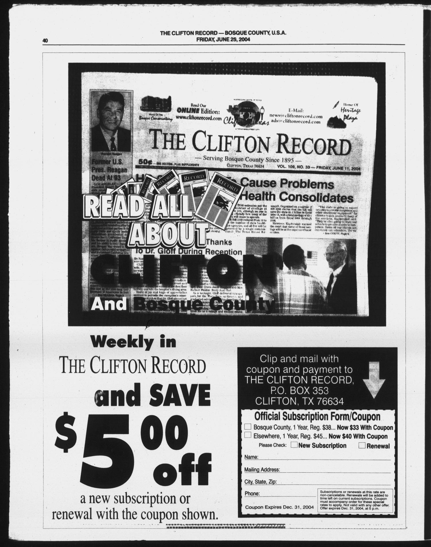 The Clifton Record (Clifton, Tex.), Vol. 109, No. 35, Ed. 1 Friday, June 25, 2004
                                                
                                                    [Sequence #]: 60 of 108
                                                