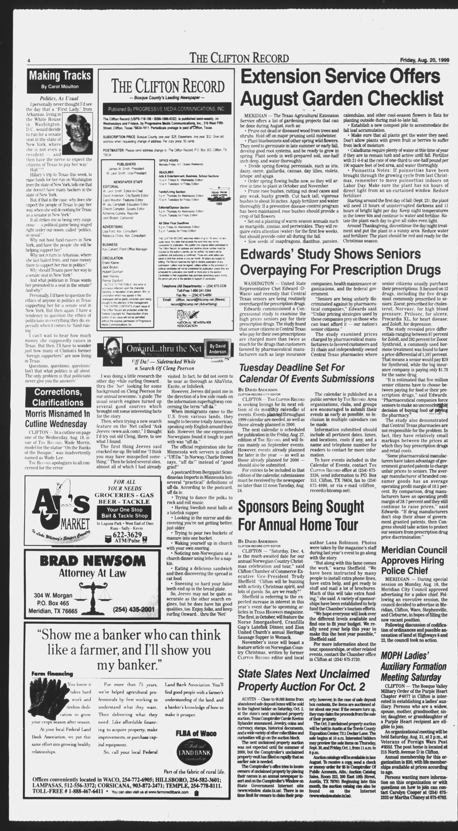 The Clifton Record (Clifton, Tex.), Vol. 104, No. 67, Ed. 1 Friday, August 20, 1999
                                                
                                                    [Sequence #]: 4 of 88
                                                