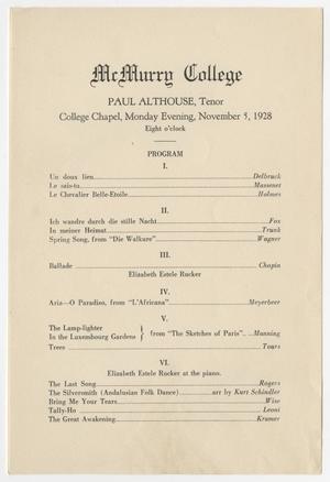 Primary view of object titled '[Recital Program: Paul Althouse, Tenor, 1928]'.