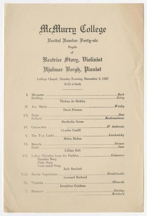 Primary view of object titled '[Recital Program: Beatrice Story and Hjalmar Bergh Students, 1927]'.