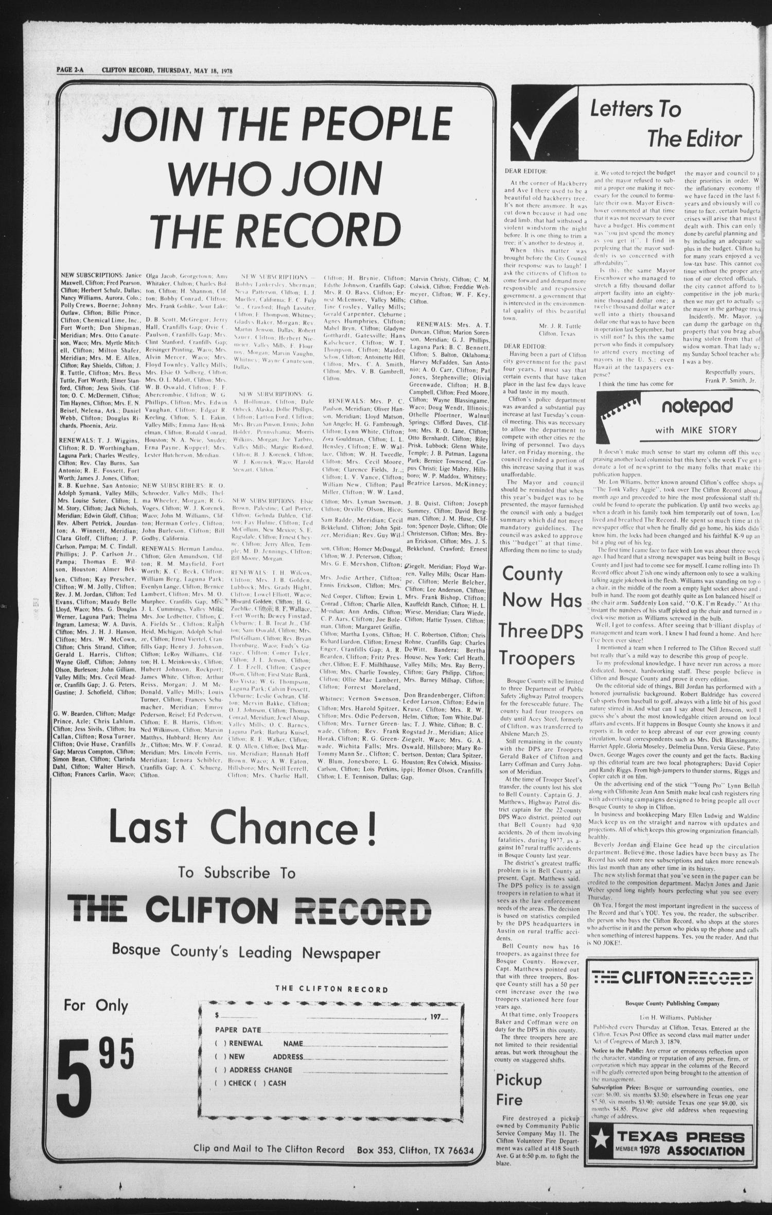 The Clifton Record (Clifton, Tex.), Vol. 83, No. 21, Ed. 1 Thursday, May 18, 1978
                                                
                                                    [Sequence #]: 2 of 28
                                                