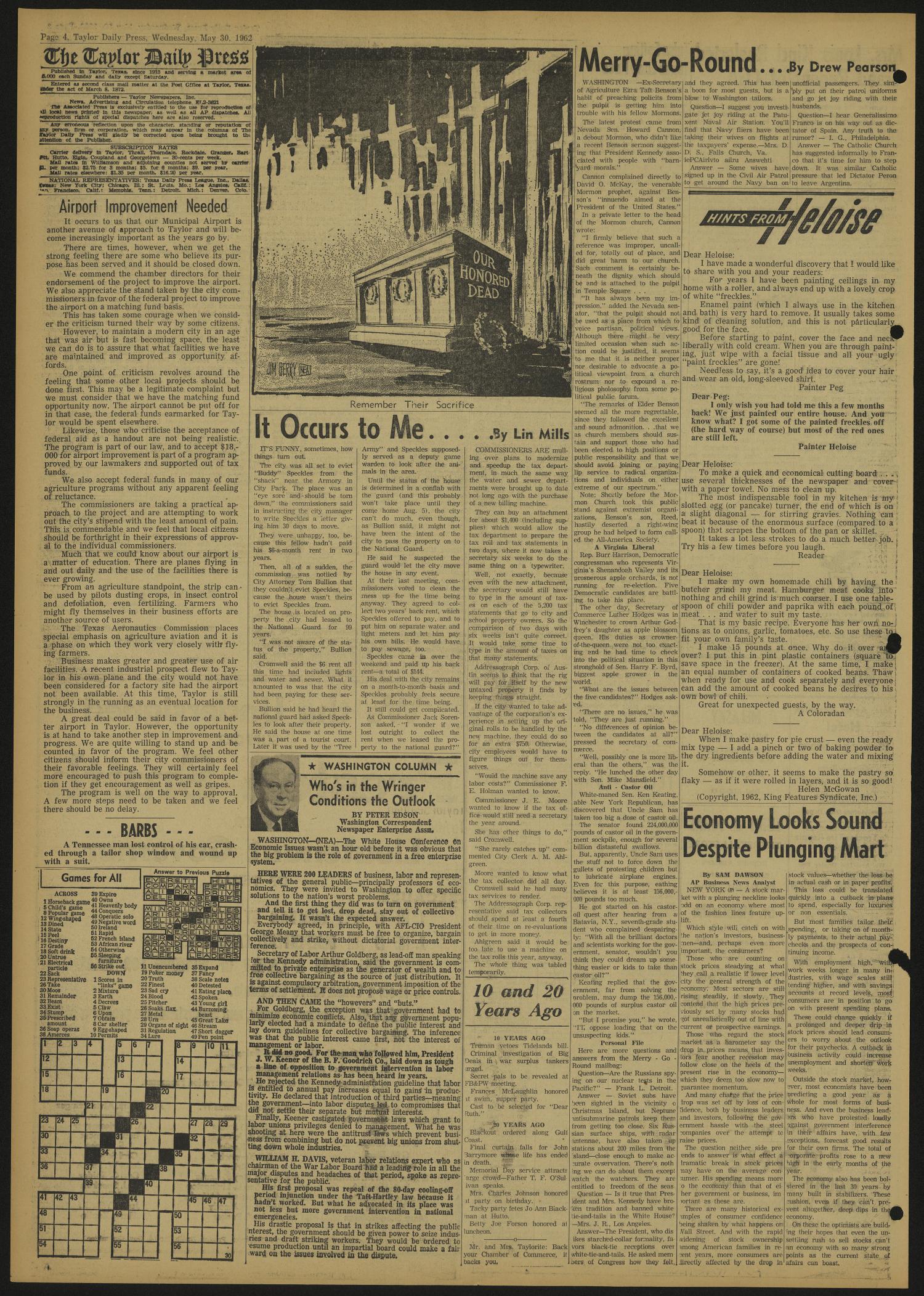 The Taylor Daily Press (Taylor, Tex.), Vol. 49, No. 139, Ed. 1 Wednesday, May 30, 1962
                                                
                                                    [Sequence #]: 4 of 6
                                                