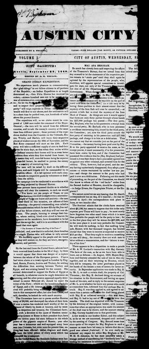 Primary view of The Austin City Gazette (Austin, Tex.), Vol. 1, Ed. 1, Wednesday, September 23, 1840