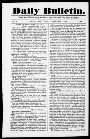 Primary view of object titled 'Daily Bulletin. (Austin, Tex.), Vol. 1, No. 9, Ed. 1, Tuesday, December 7, 1841'.