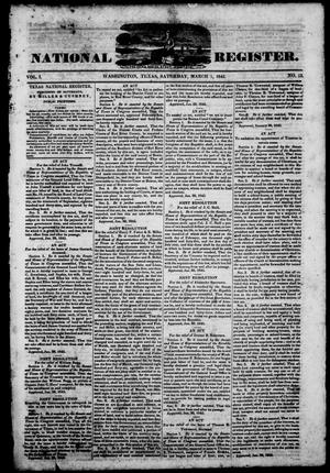 Primary view of object titled 'Texas National Register. (Washington, Tex.), Vol. 1, No. 13, Ed. 1, Saturday, March 1, 1845'.