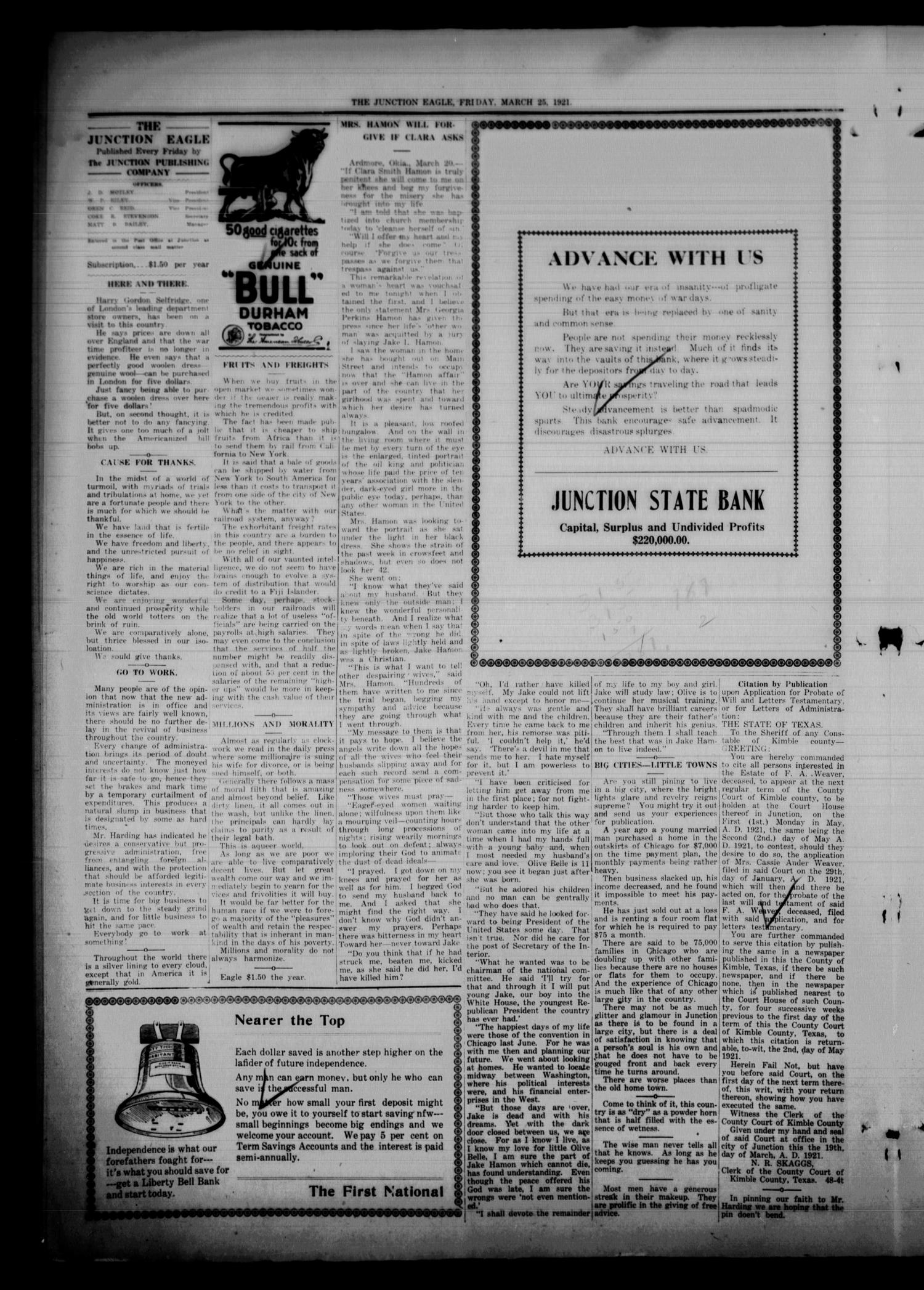 The Junction Eagle (Junction, Tex.), Vol. 37, No. 48, Ed. 1 Friday, March 25, 1921
                                                
                                                    [Sequence #]: 4 of 8
                                                
