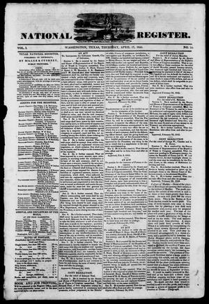 Primary view of object titled 'Texas National Register. (Washington, Tex.), Vol. 1, No. 19, Ed. 1, Thursday, April 17, 1845'.