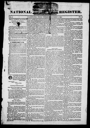 Primary view of object titled 'Texas National Register. (Washington, Tex.), Vol. 1, No. 44, Ed. 1, Thursday, October 9, 1845'.