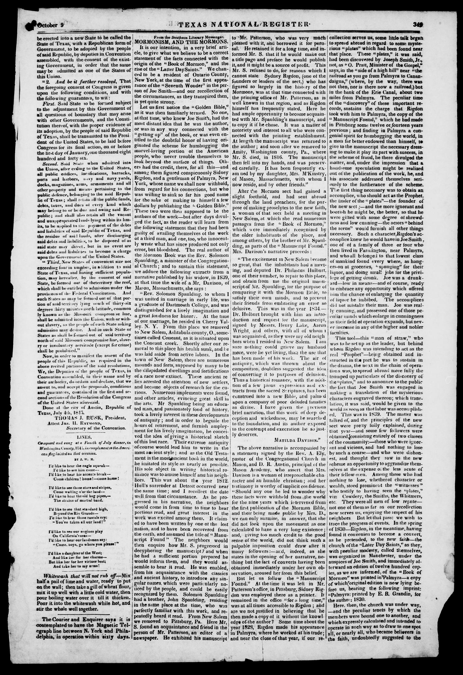 Texas National Register. (Washington, Tex.), Vol. 1, No. 44, Ed. 1, Thursday, October 9, 1845
                                                
                                                    [Sequence #]: 5 of 8
                                                