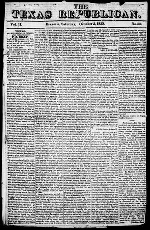 Primary view of object titled 'The Texas Republican. (Brazoria, Tex.), Vol. 1, No. 55, Ed. 1, Saturday, October 3, 1835'.
