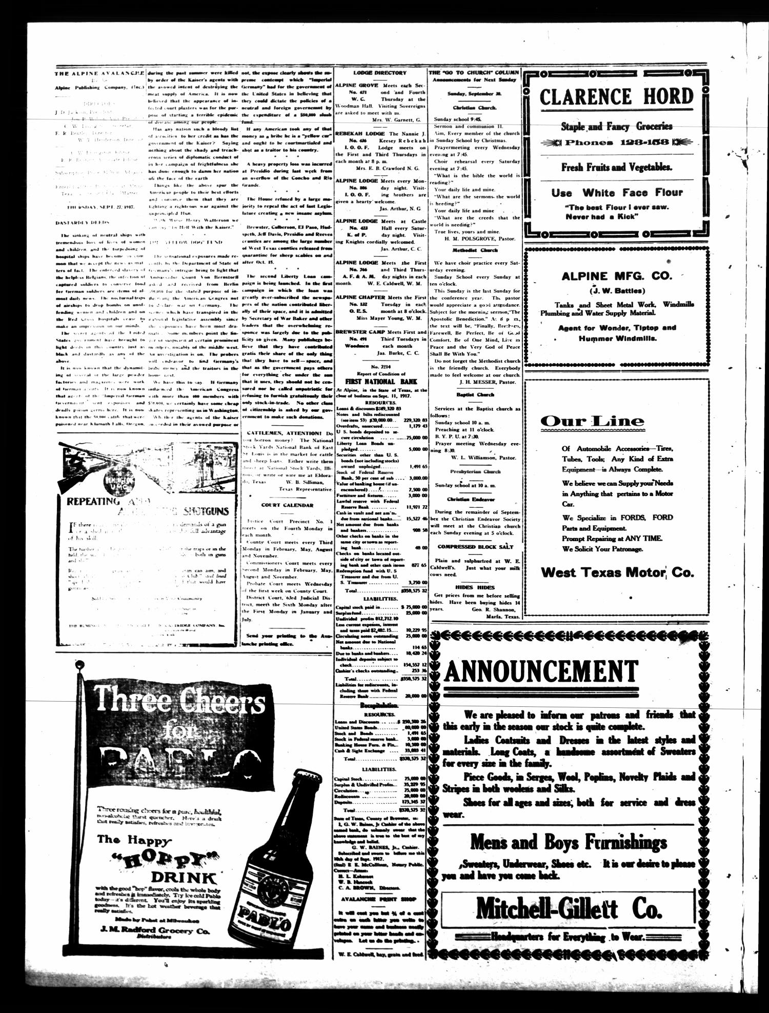 The Alpine Avalanche (Alpine, Tex.), Vol. 27, No. 38, Ed. 1 Thursday, September 27, 1917
                                                
                                                    [Sequence #]: 2 of 4
                                                