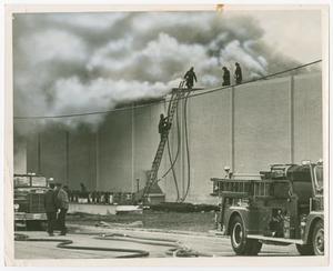 Primary view of [Firefighters Climb Ladder Onto Roof of Smoking Building]