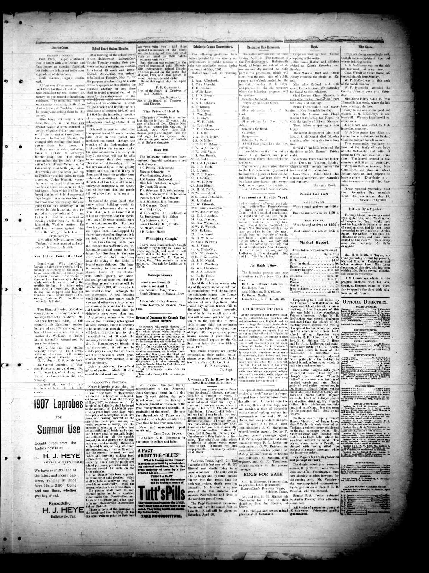 The Hallettsville New Era. (Hallettsville, Tex.), Vol. 18, No. 48, Ed. 1 Friday, April 12, 1907
                                                
                                                    [Sequence #]: 3 of 4
                                                