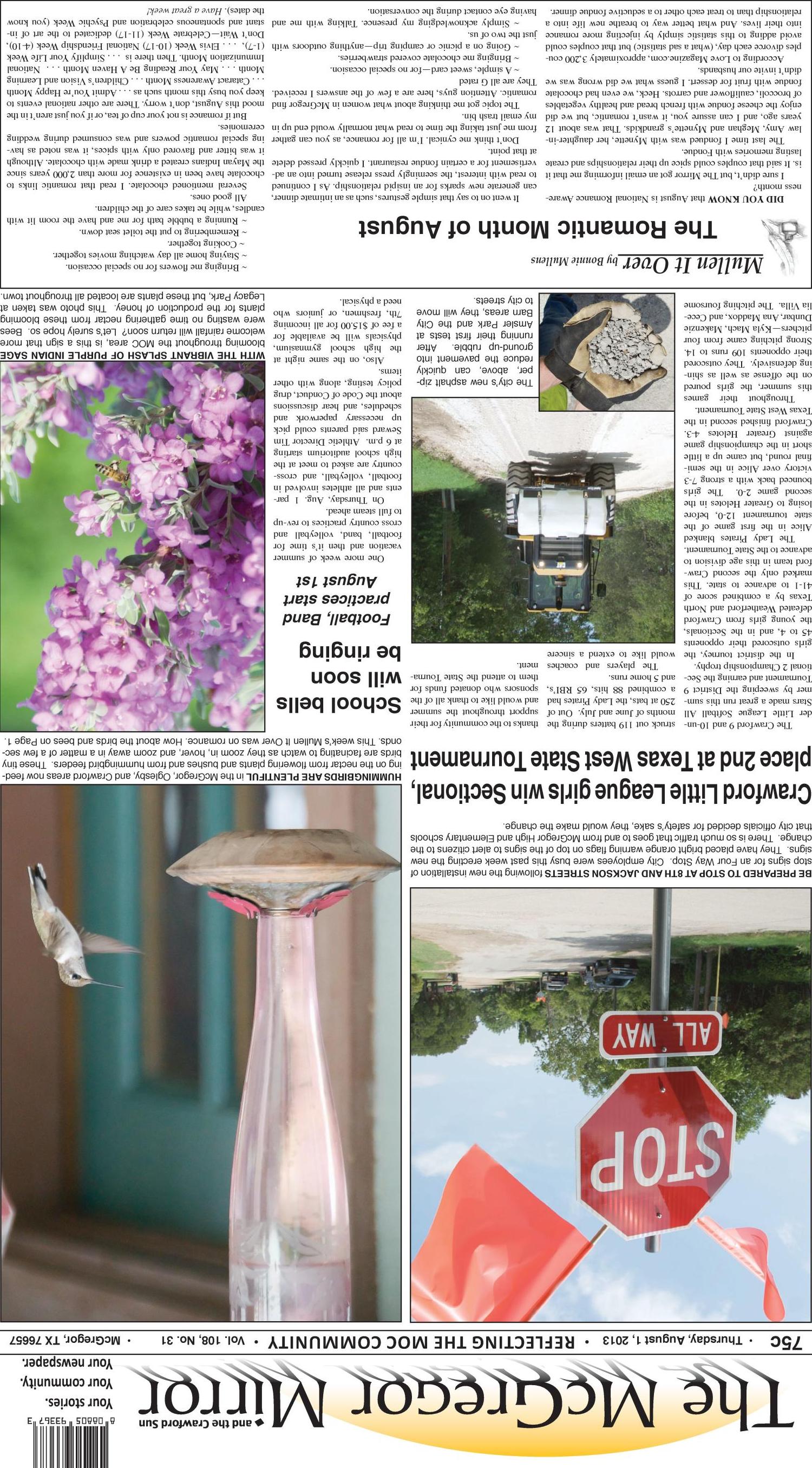 The McGregor Mirror and the Crawford Sun (McGregor, Tex.), Vol. 108, No. 31, Ed. 1 Thursday, August 1, 2013
                                                
                                                    [Sequence #]: 1 of 10
                                                