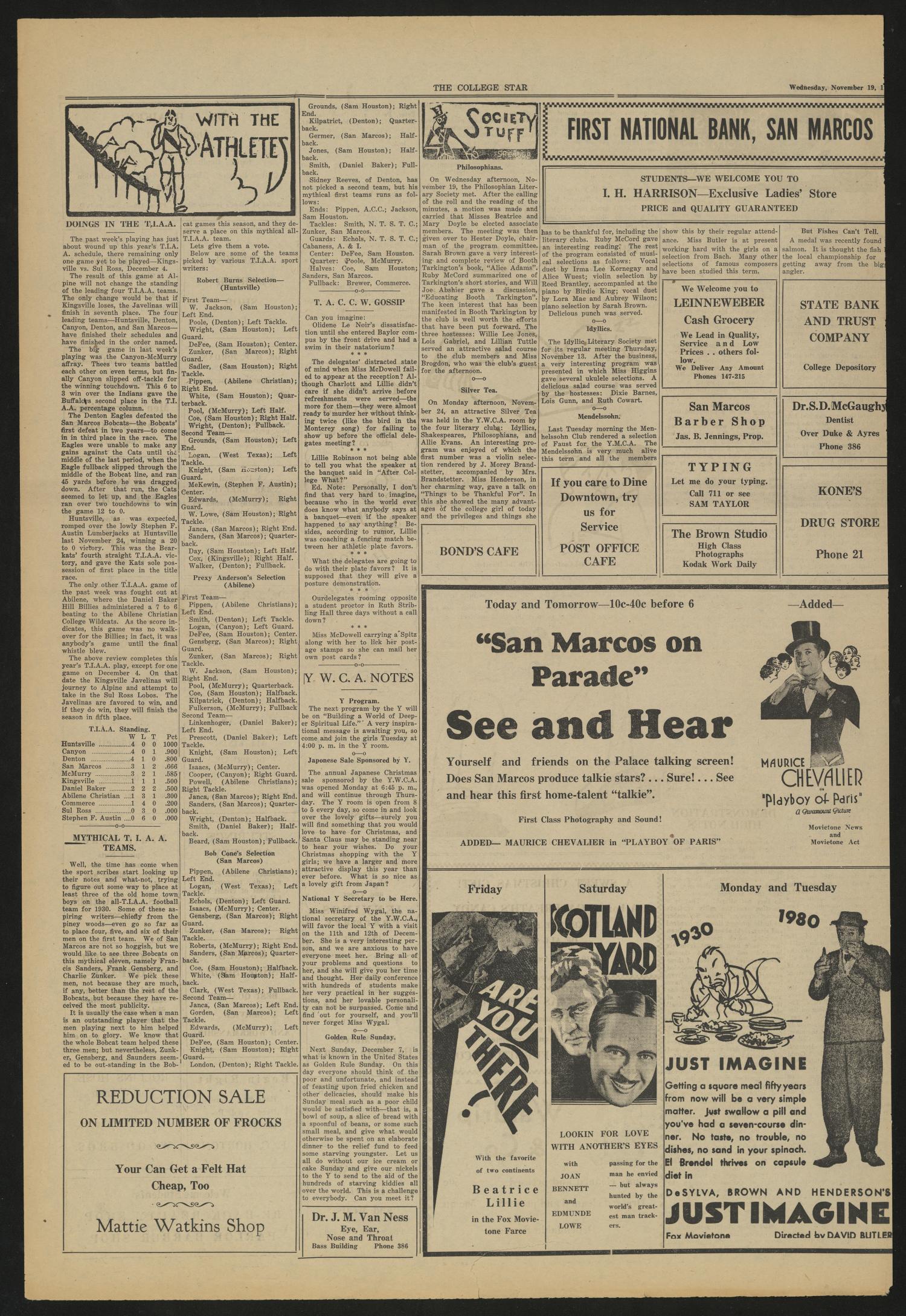 The College Star (San Marcos, Tex.), Vol. 23, No. 9, Ed. 1 Wednesday, December 3, 1930
                                                
                                                    [Sequence #]: 4 of 4
                                                