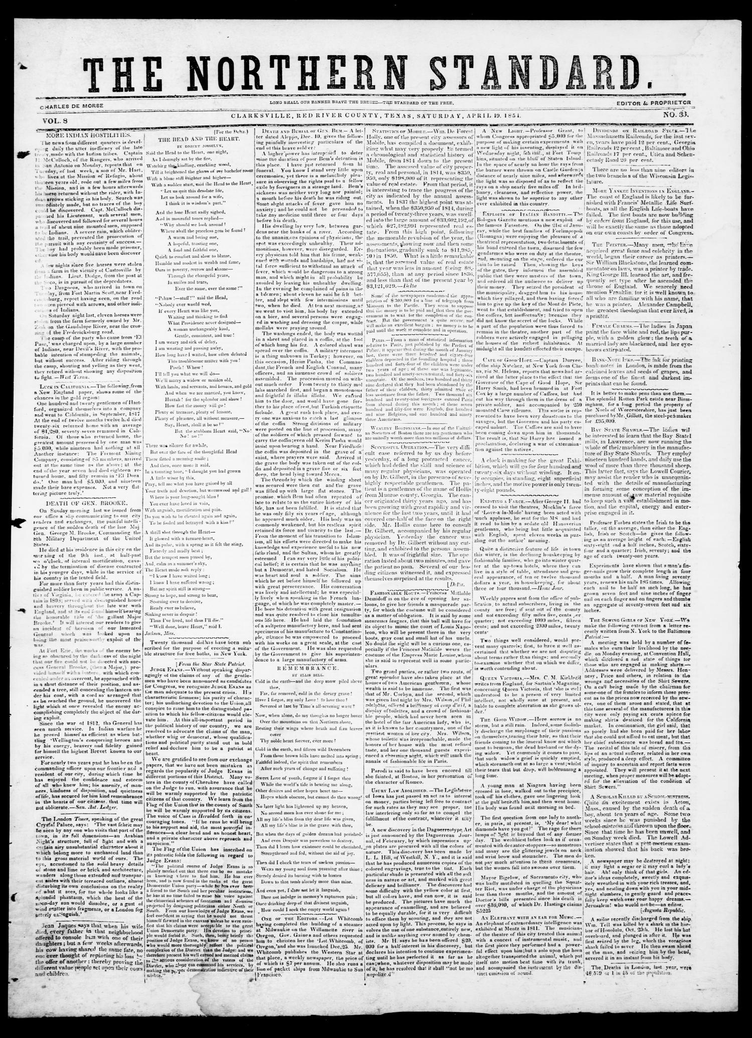 The Northern Standard. (Clarksville, Tex.), Vol. 8, No. 33, Ed. 1, Saturday, April 19, 1851
                                                
                                                    [Sequence #]: 1 of 4
                                                
