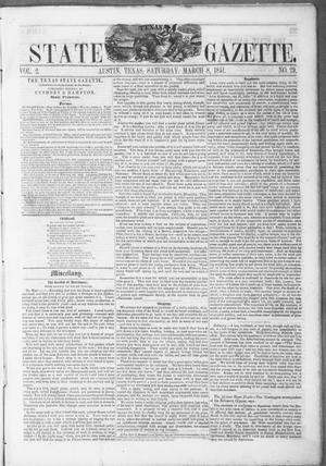 Primary view of object titled 'Texas State Gazette. (Austin, Tex.), Vol. 2, No. 29, Ed. 1, Saturday, March 8, 1851'.