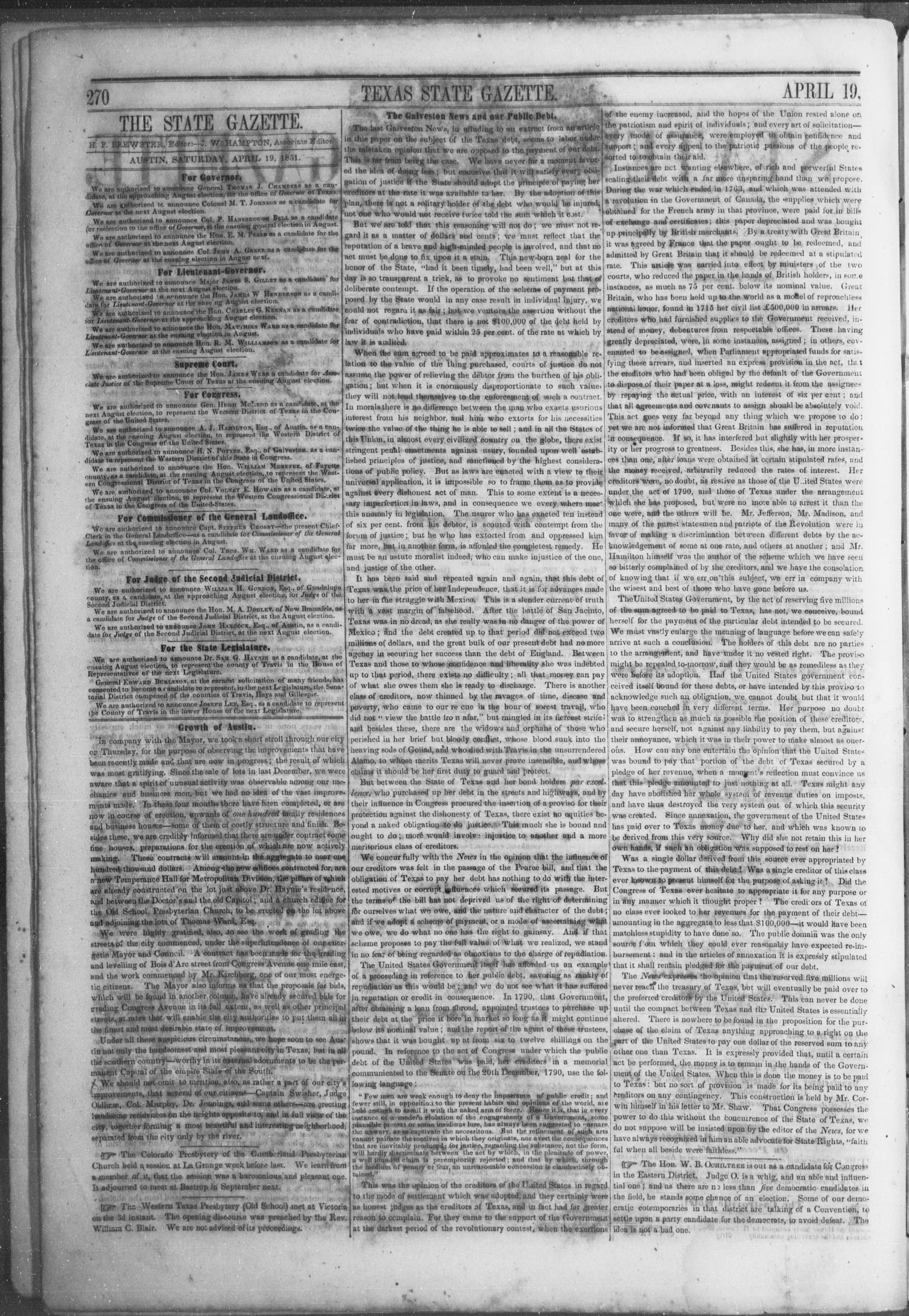 Texas State Gazette. (Austin, Tex.), Vol. 2, No. 35, Ed. 1, Saturday, April 19, 1851
                                                
                                                    [Sequence #]: 2 of 8
                                                