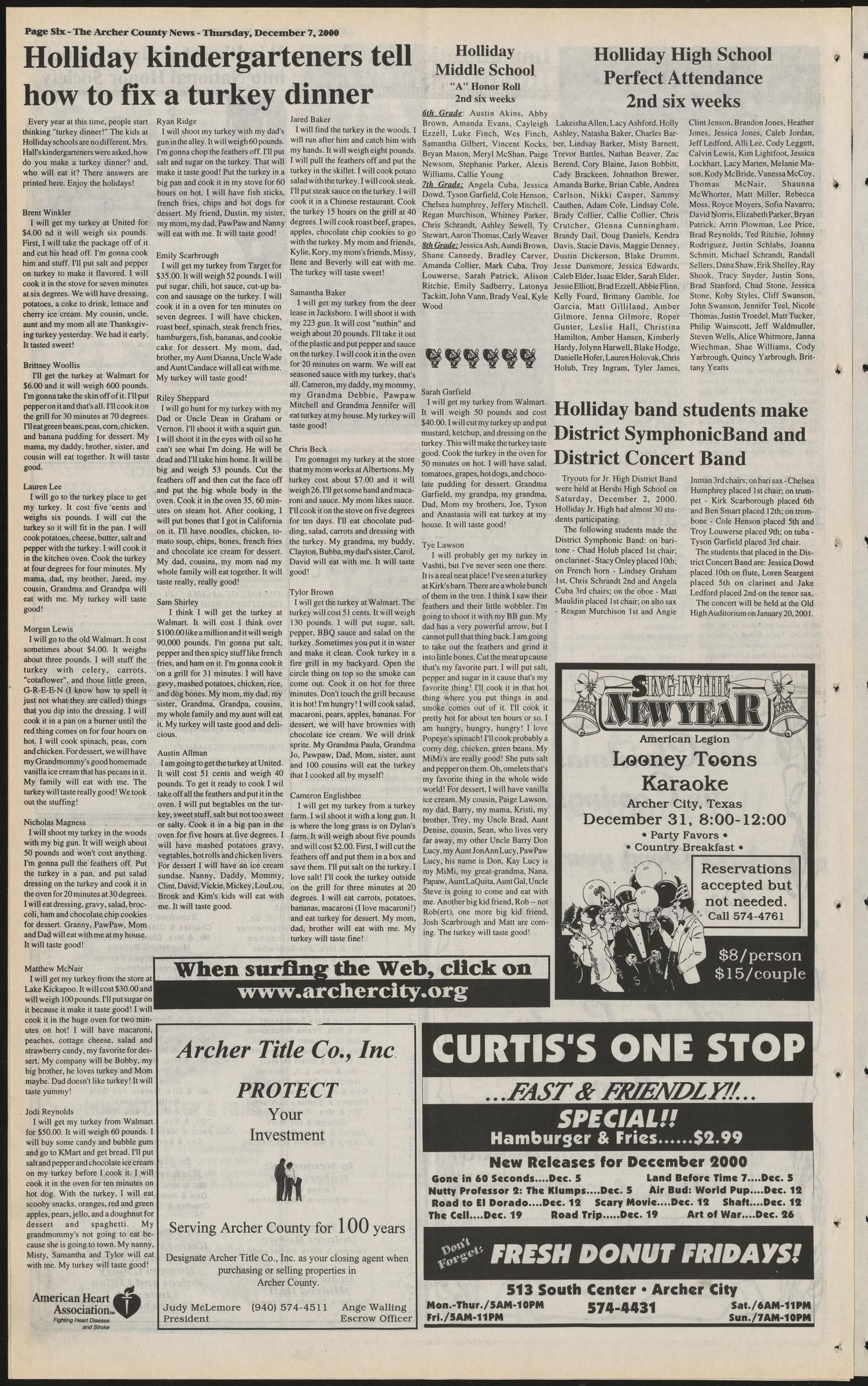Archer County News (Archer City, Tex.), No. 49, Ed. 1 Thursday, December 7, 2000
                                                
                                                    [Sequence #]: 6 of 8
                                                
