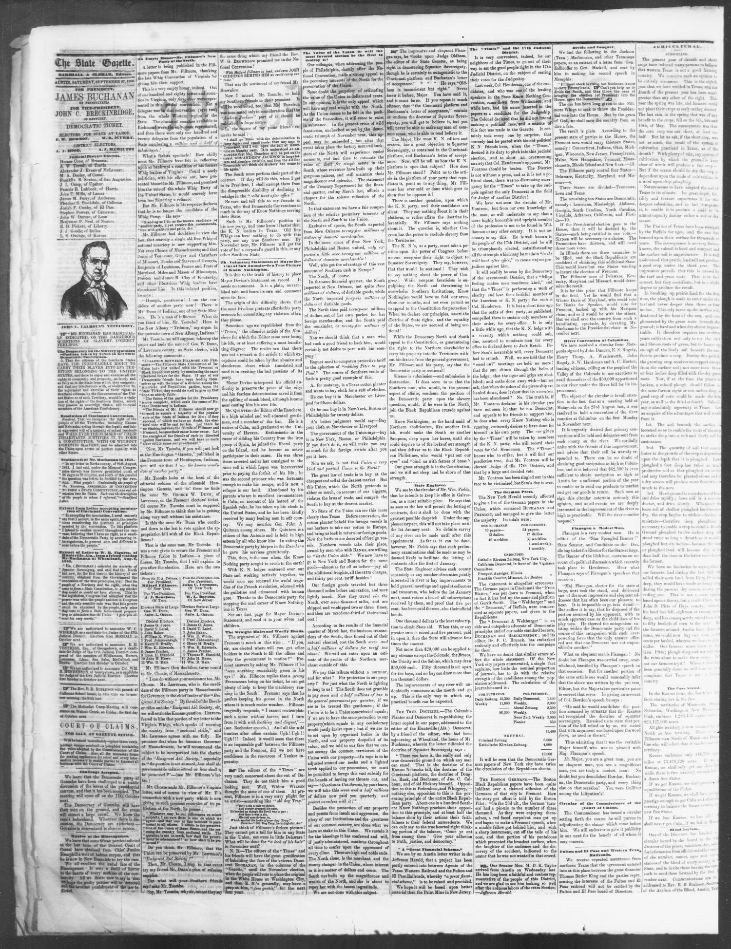 State Gazette. (Austin, Tex.), Vol. 8, No. 6, Ed. 1, Saturday, September 27, 1856
                                                
                                                    [Sequence #]: 2 of 4
                                                