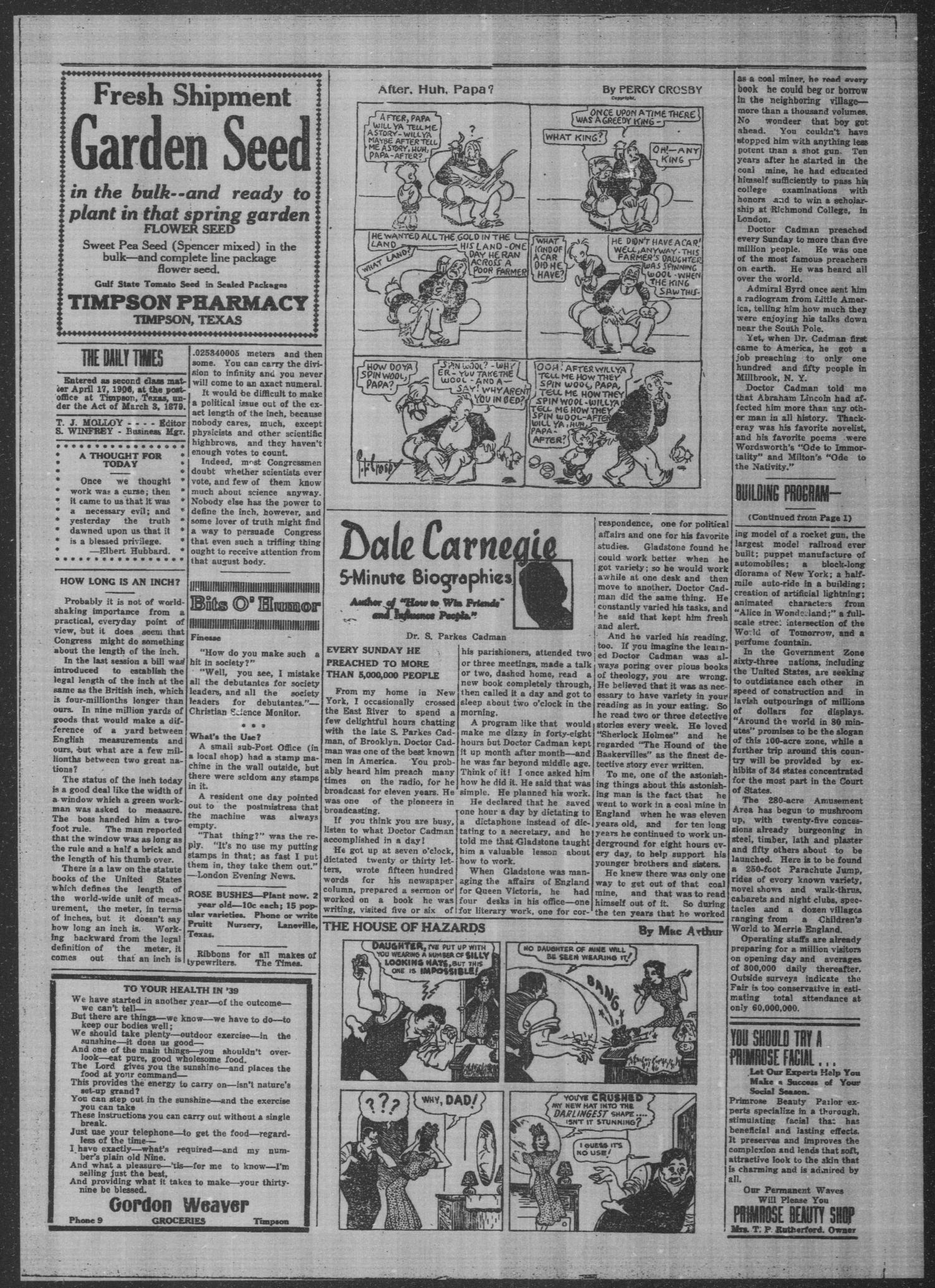Timpson Daily Times (Timpson, Tex.), Vol. 38, No. 31, Ed. 1 Monday, February 13, 1939
                                                
                                                    [Sequence #]: 2 of 4
                                                