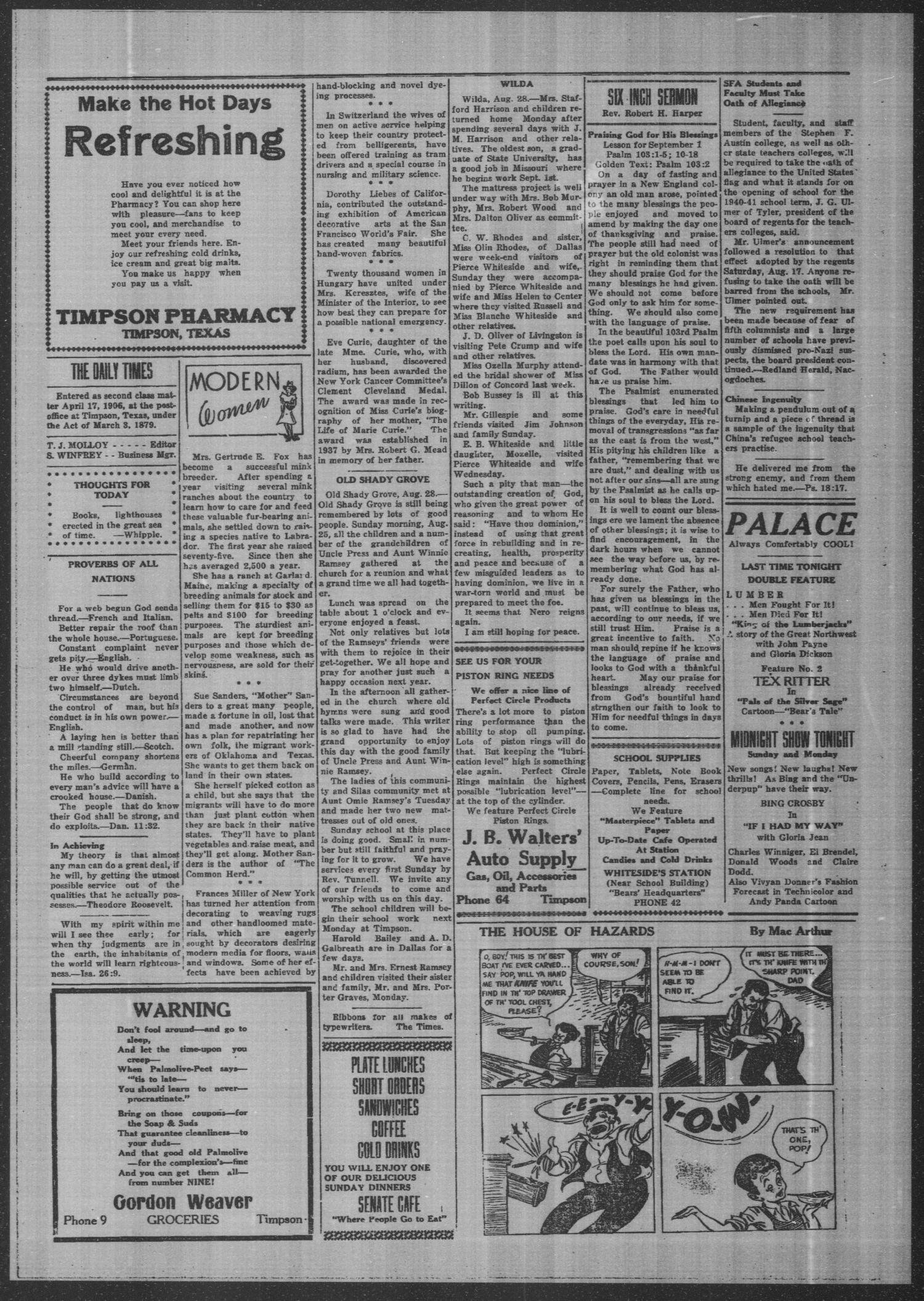 Timpson Daily Times (Timpson, Tex.), Vol. 39, No. 175, Ed. 1 Saturday, August 31, 1940
                                                
                                                    [Sequence #]: 2 of 4
                                                