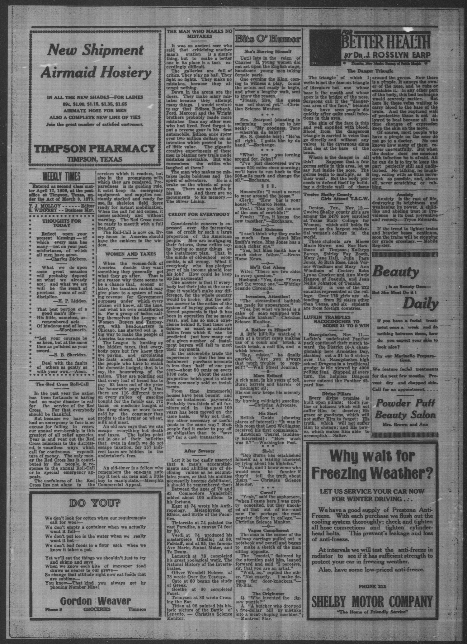 Timpson Weekly Times (Timpson, Tex.), Vol. 52, No. 47, Ed. 1 Friday, November 19, 1937
                                                
                                                    [Sequence #]: 6 of 8
                                                