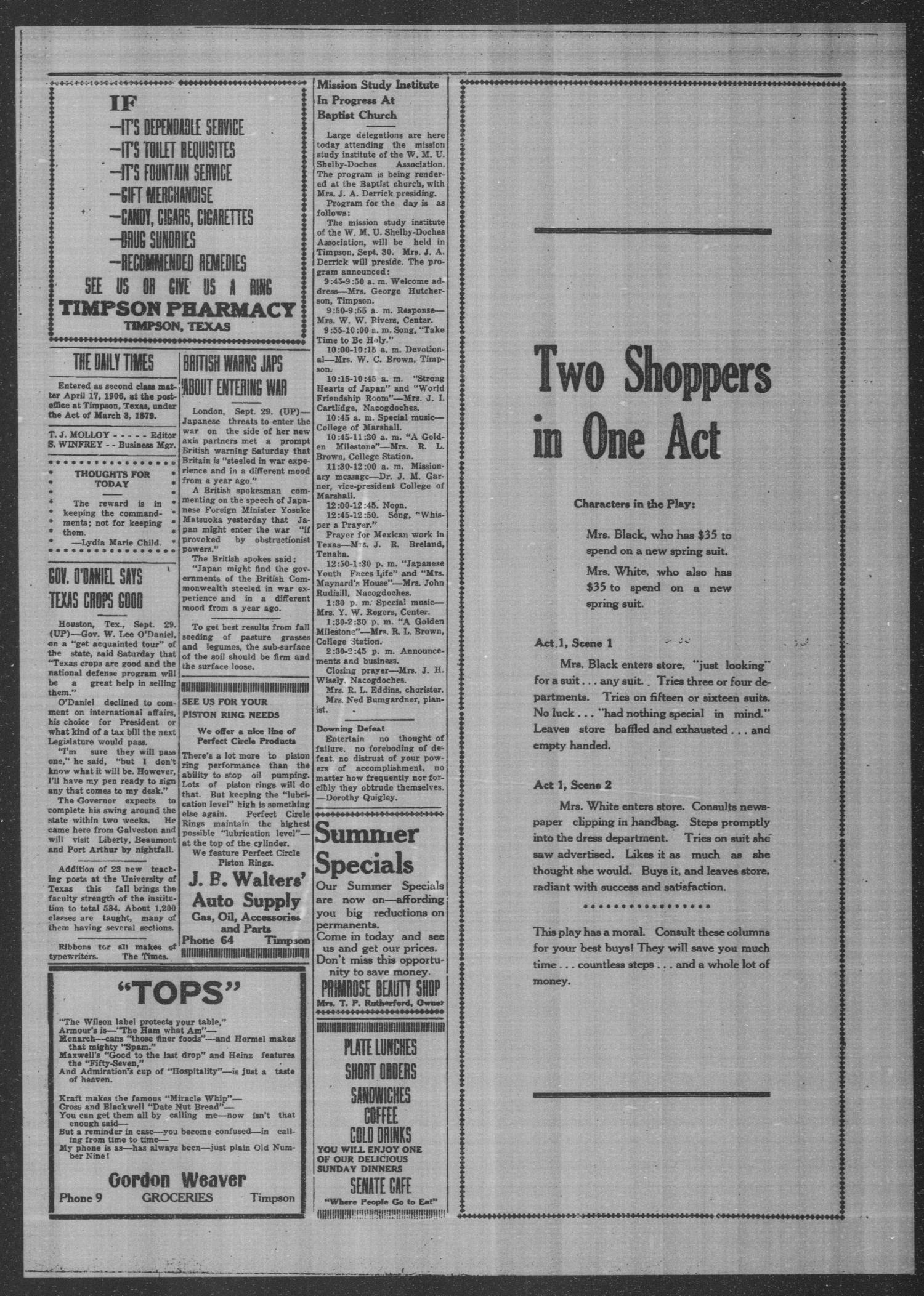 Timpson Daily Times (Timpson, Tex.), Vol. 39, No. 196, Ed. 1 Monday, September 30, 1940
                                                
                                                    [Sequence #]: 2 of 4
                                                