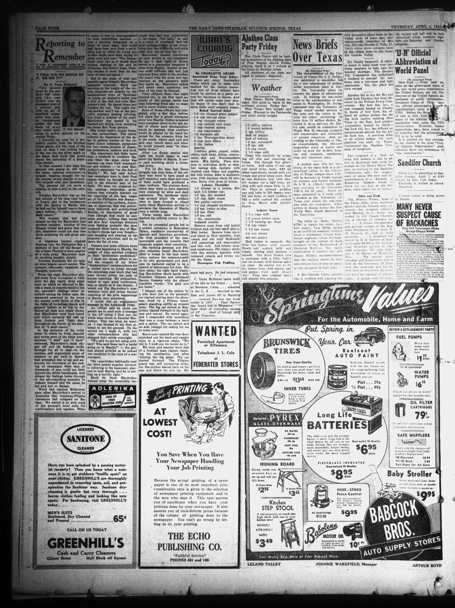 The Daily News-Telegram (Sulphur Springs, Tex.), Vol. 48, No. 82, Ed. 1 Thursday, April 4, 1946
                                                
                                                    [Sequence #]: 4 of 8
                                                