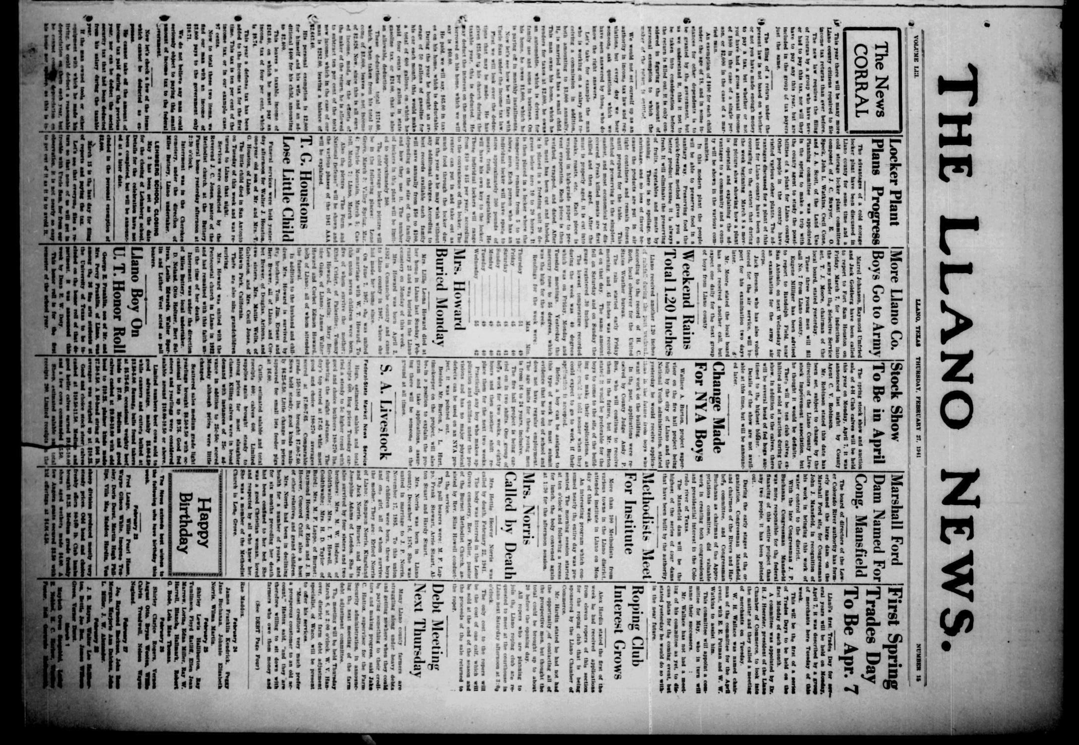 The Llano News. (Llano, Tex.), Vol. 53, No. 15, Ed. 1 Thursday, February 27, 1941
                                                
                                                    [Sequence #]: 1 of 8
                                                