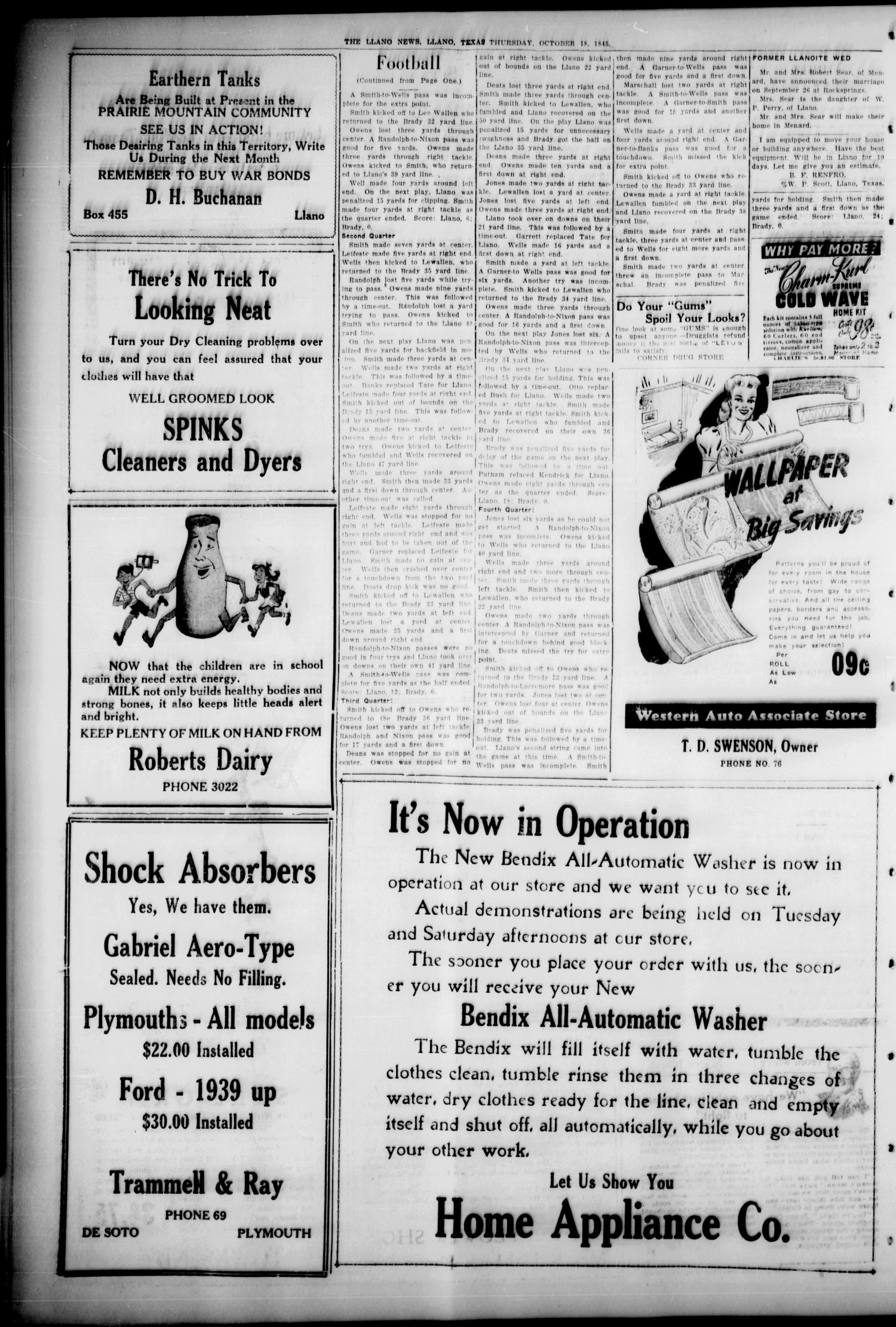 The Llano News. (Llano, Tex.), Vol. 57, No. 45, Ed. 1 Thursday, October 18, 1945
                                                
                                                    [Sequence #]: 4 of 8
                                                