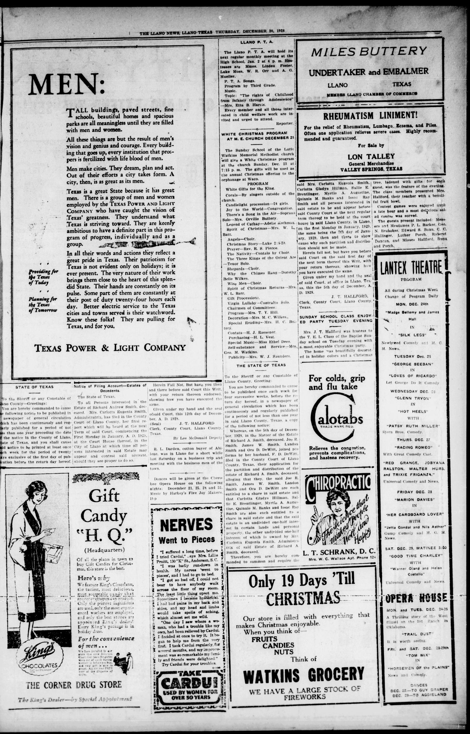 The Llano News. (Llano, Tex.), Vol. 41, No. 16, Ed. 1 Thursday, December 20, 1928
                                                
                                                    [Sequence #]: 3 of 5
                                                