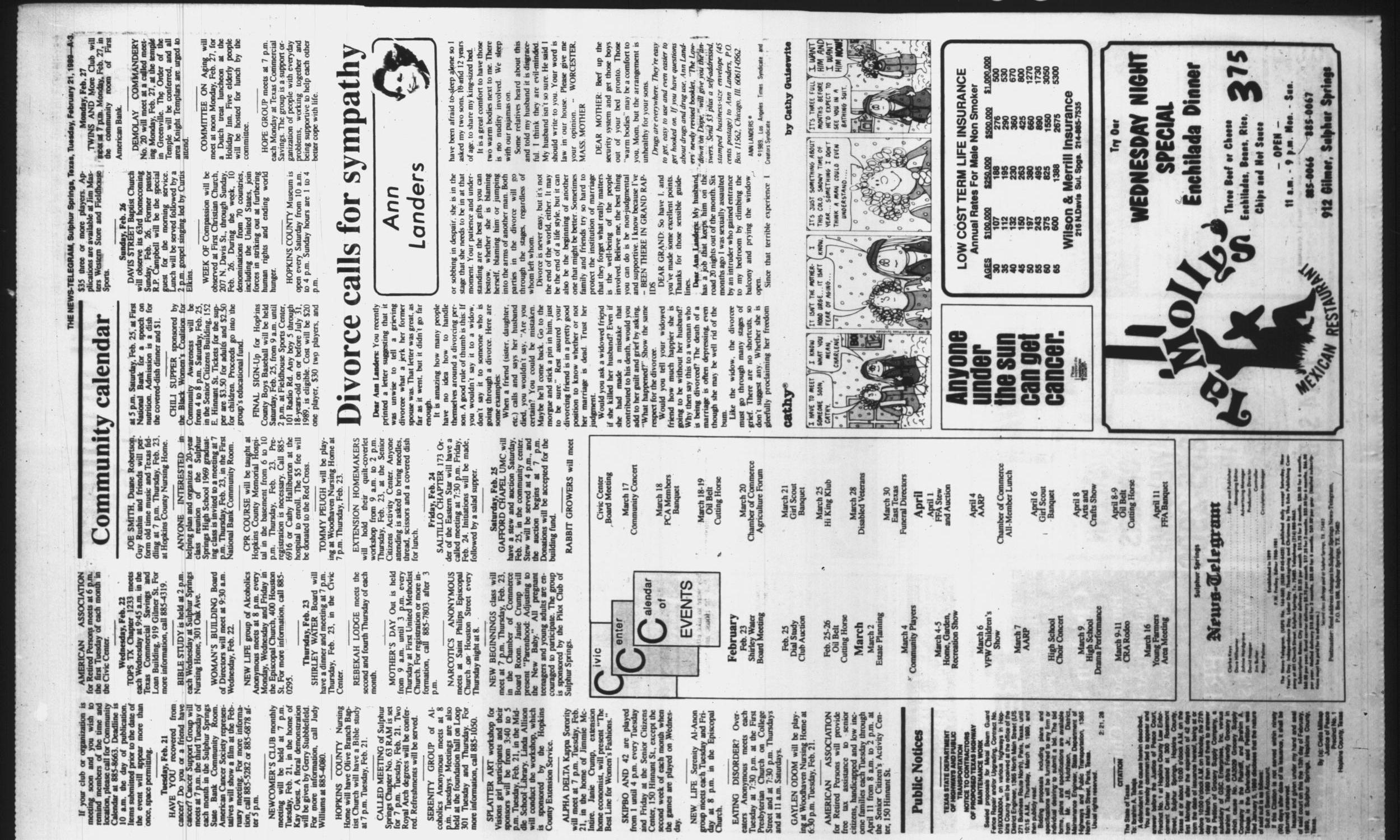Sulphur Springs News-Telegram (Sulphur Springs, Tex.), Vol. 111, No. 44, Ed. 1 Tuesday, February 21, 1989
                                                
                                                    [Sequence #]: 3 of 12
                                                