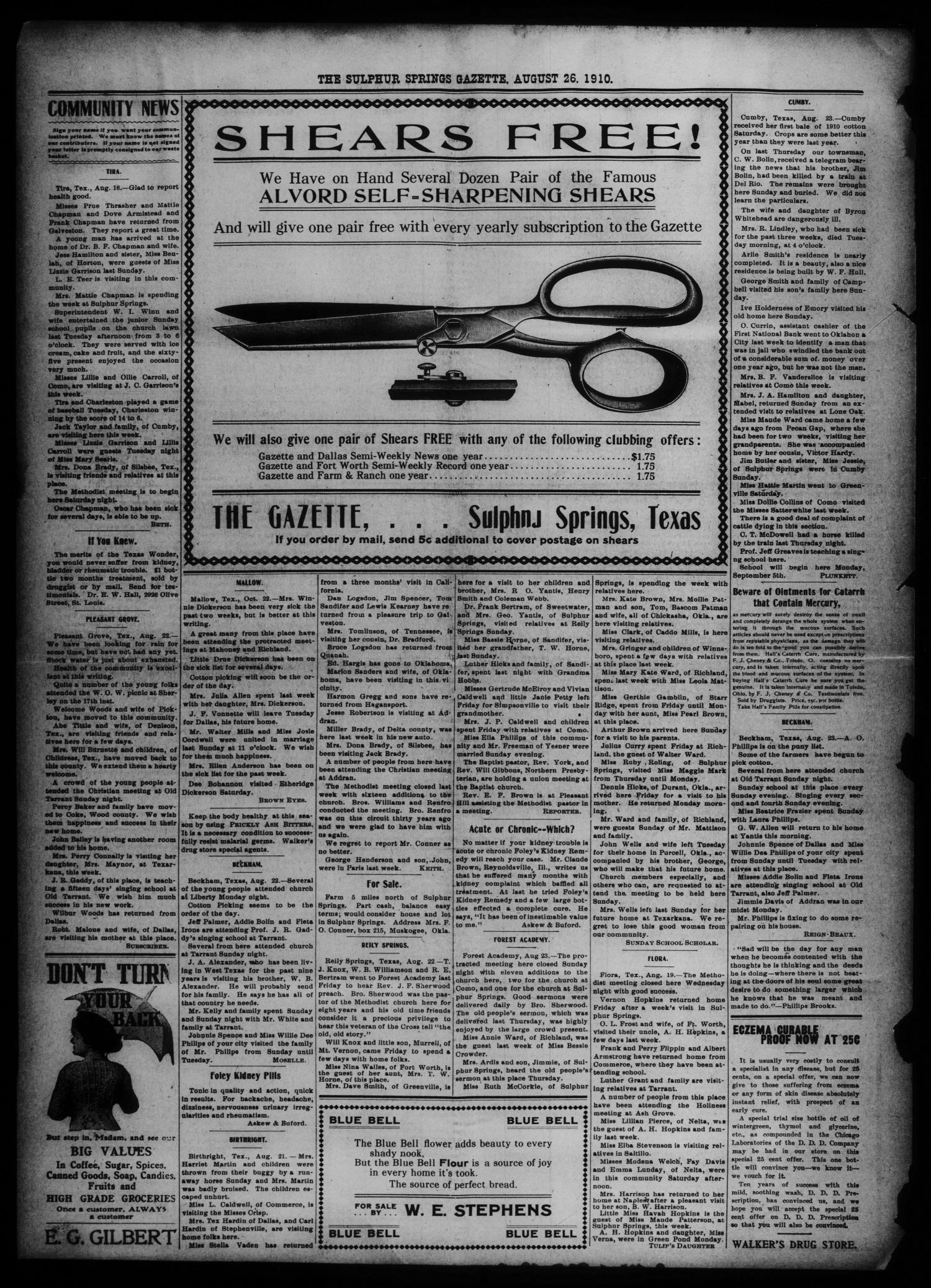 The Sulphur Springs Gazette. (Sulphur Springs, Tex.), Vol. 48, No. 33, Ed. 1 Friday, August 26, 1910
                                                
                                                    [Sequence #]: 4 of 8
                                                