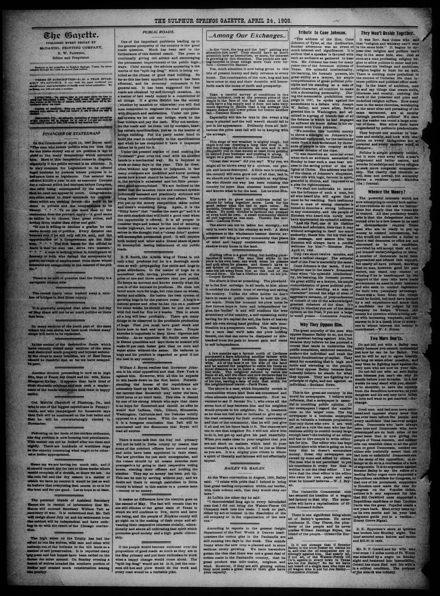The Sulphur Springs Gazette. (Sulphur Springs, Tex.), Vol. 46, No. 16, Ed. 1 Friday, April 24, 1908
                                                
                                                    [Sequence #]: 2 of 10
                                                