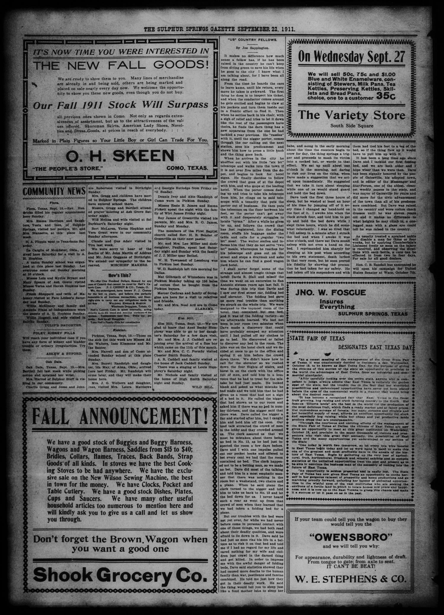 The Sulphur Springs Gazette. (Sulphur Springs, Tex.), Vol. 49, No. 38, Ed. 1 Friday, September 22, 1911
                                                
                                                    [Sequence #]: 4 of 12
                                                