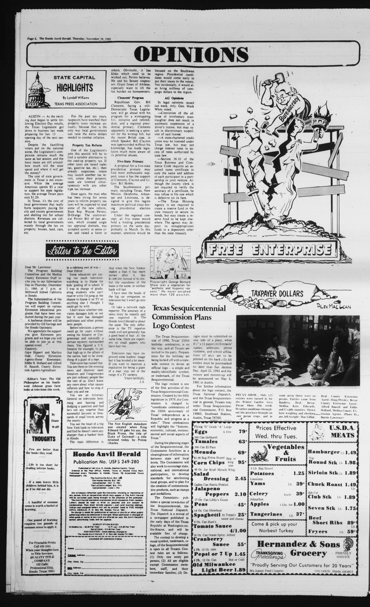 The Hondo Anvil Herald (Hondo, Tex.), Vol. 94, No. 47, Ed. 1 Thursday, November 20, 1980
                                                
                                                    [Sequence #]: 2 of 20
                                                