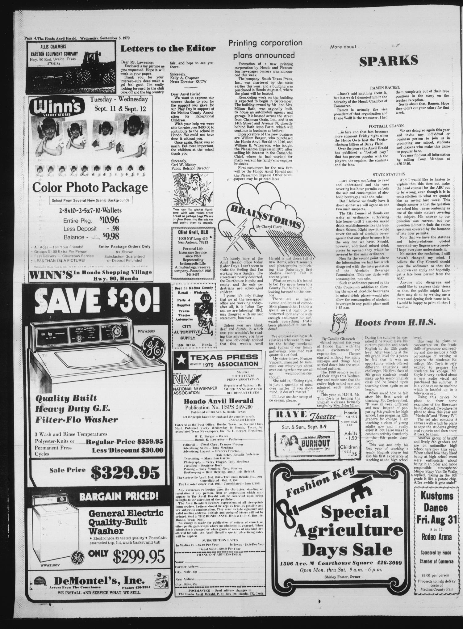 Hondo Anvil Herald (Hondo, Tex.), Vol. 93, No. 36, Ed. 1 Wednesday, September 5, 1979
                                                
                                                    [Sequence #]: 4 of 20
                                                